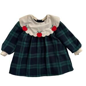 Vintage Little Bitty Black Watch Plaid Girl's Cherry Dress‎ Size 24mos Holiday